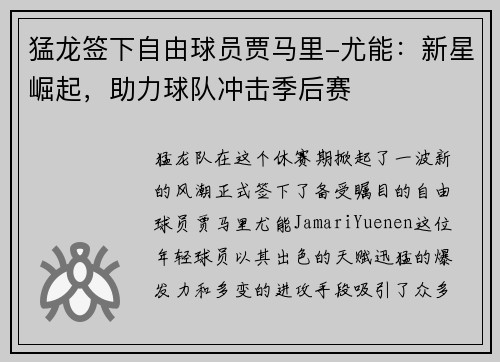 猛龙签下自由球员贾马里-尤能：新星崛起，助力球队冲击季后赛